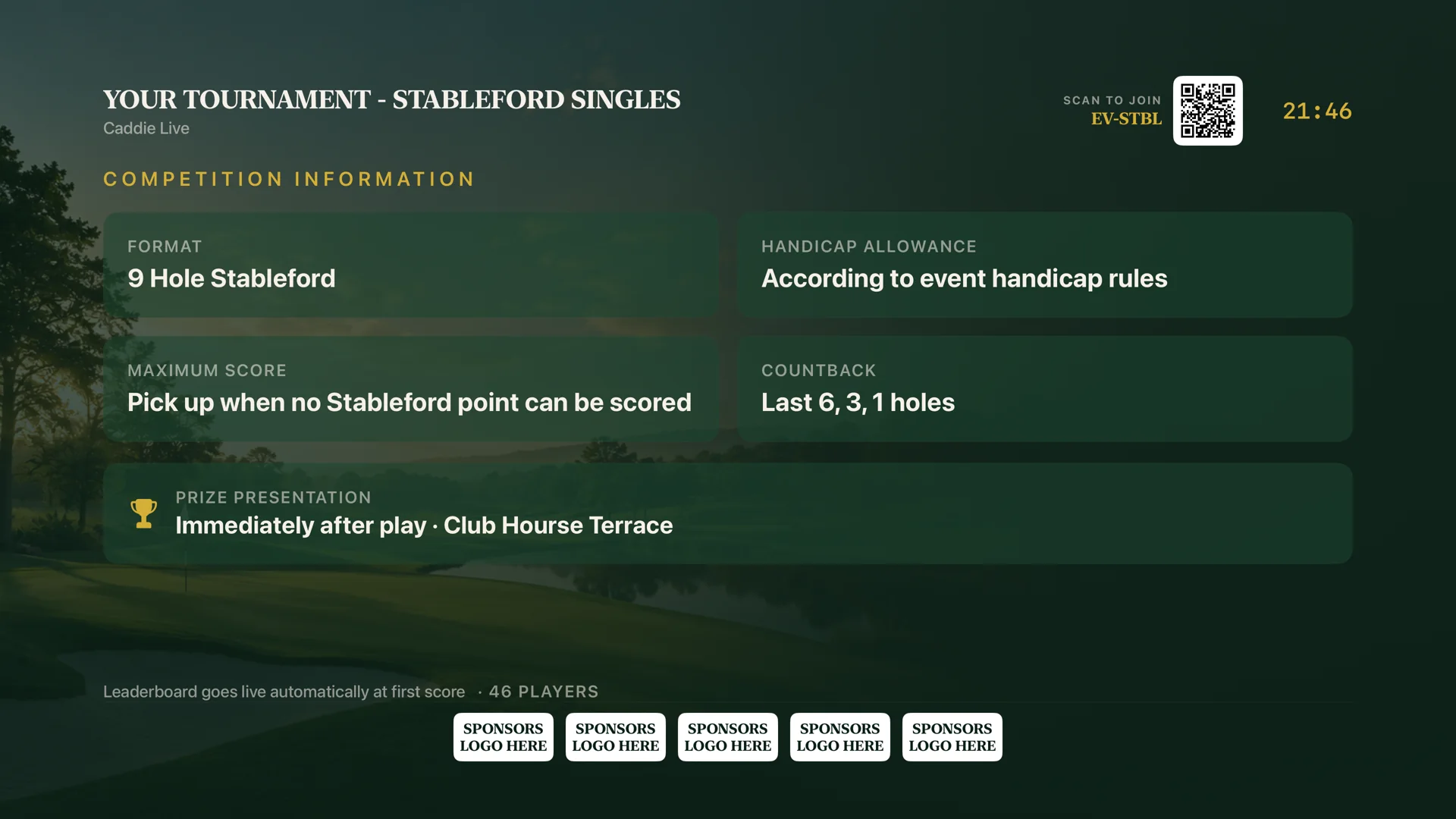 Apple TV competition info screen showing format, handicap allowance, countback and prizes