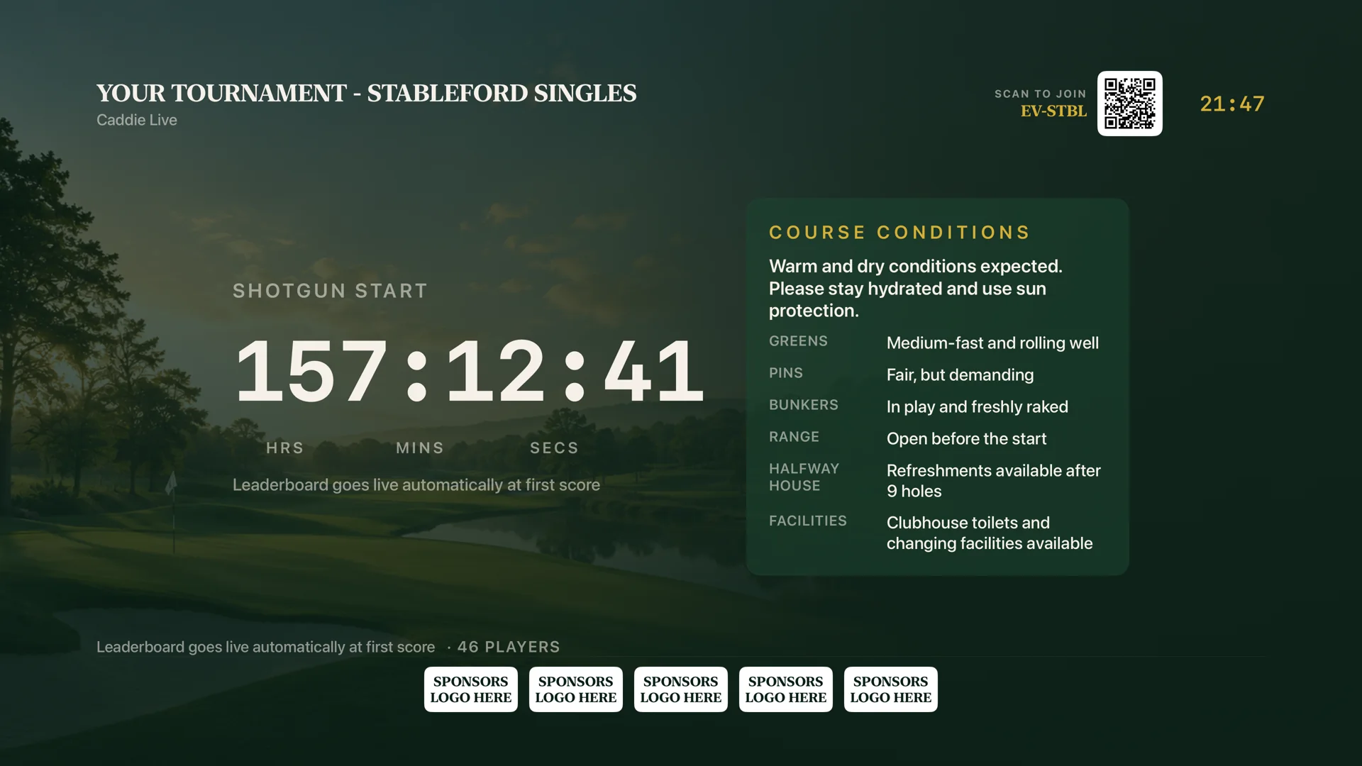 Pre-event Apple TV screen with countdown, course conditions and sponsors