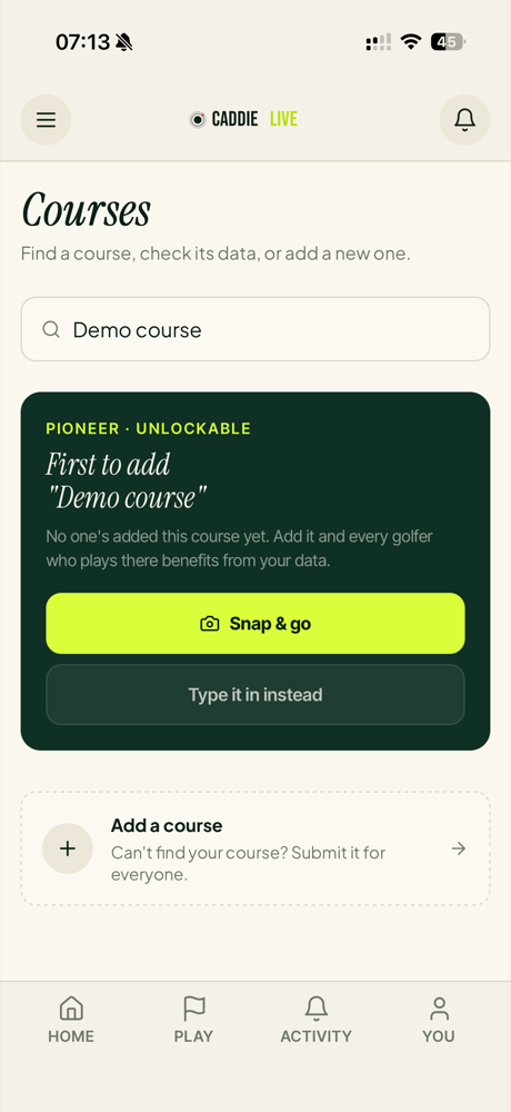 Caddie Live course search and snap-and-go empty state
