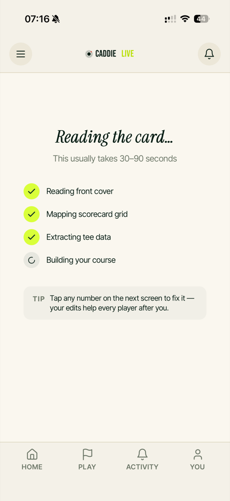 Caddie IQ reading the scorecard — progress state