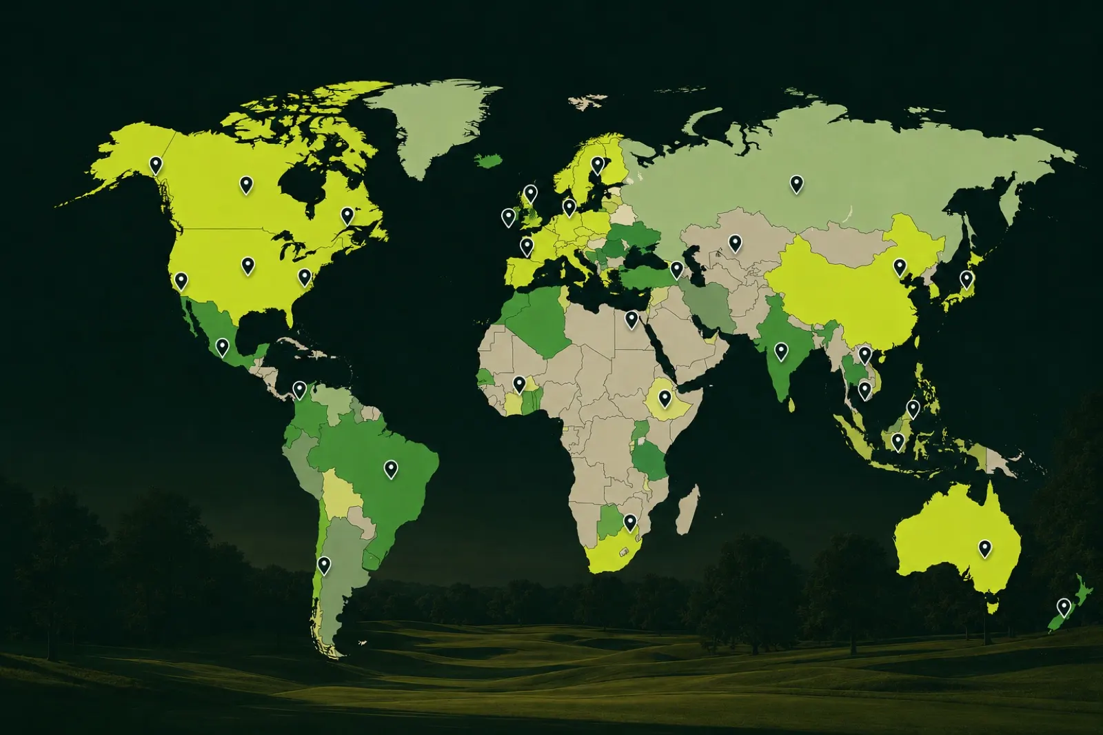 World map showing Caddie Live golf course coverage categories — strong, growing, early, directory and no coverage yet