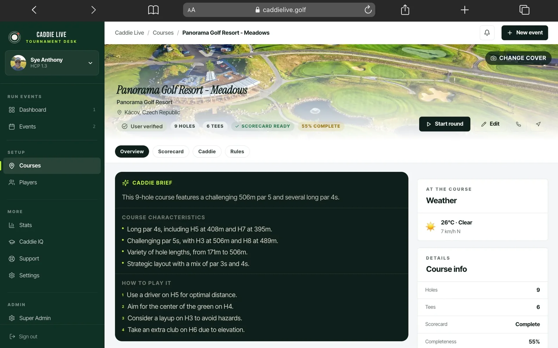 Golf course detail with Caddie Brief, characteristics and weather