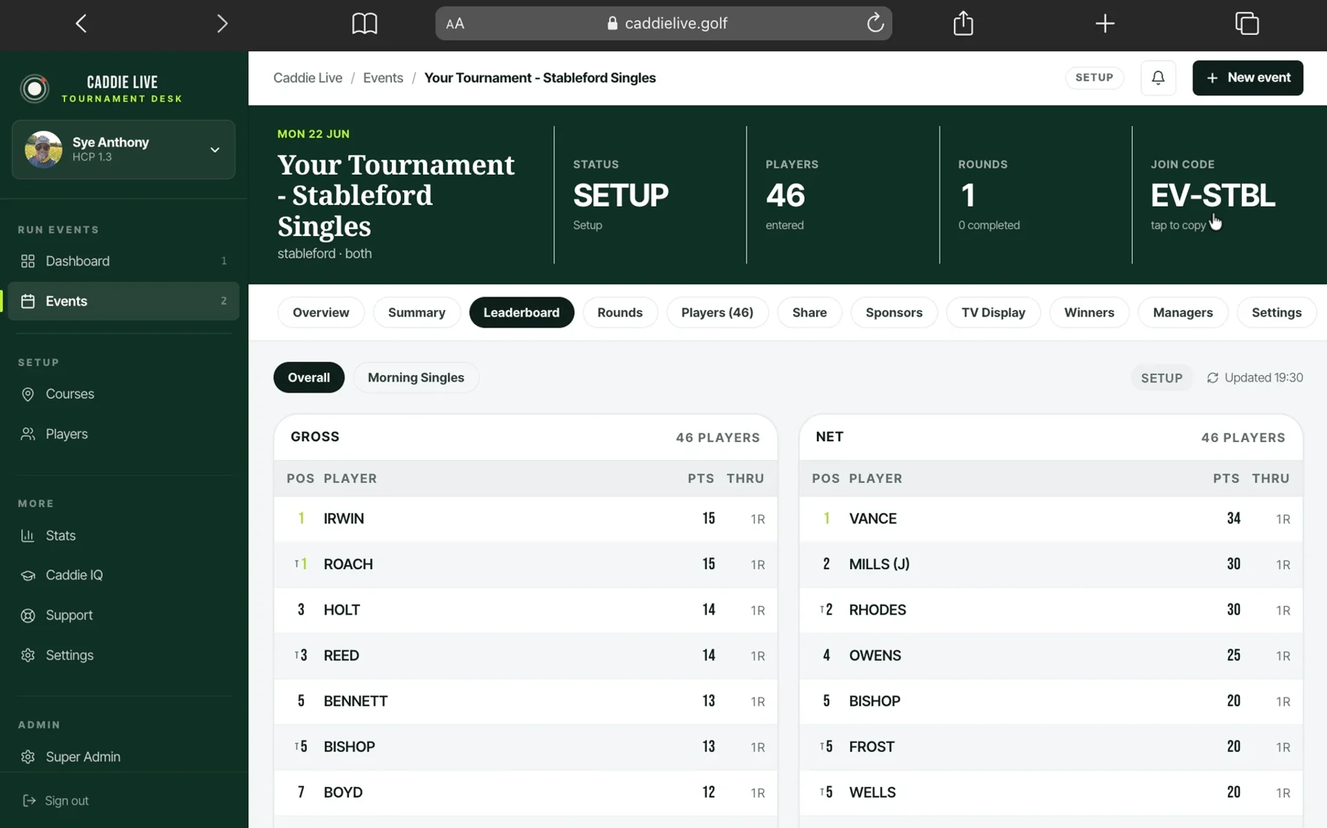 Live gross and net golf event leaderboard in Caddie Live
