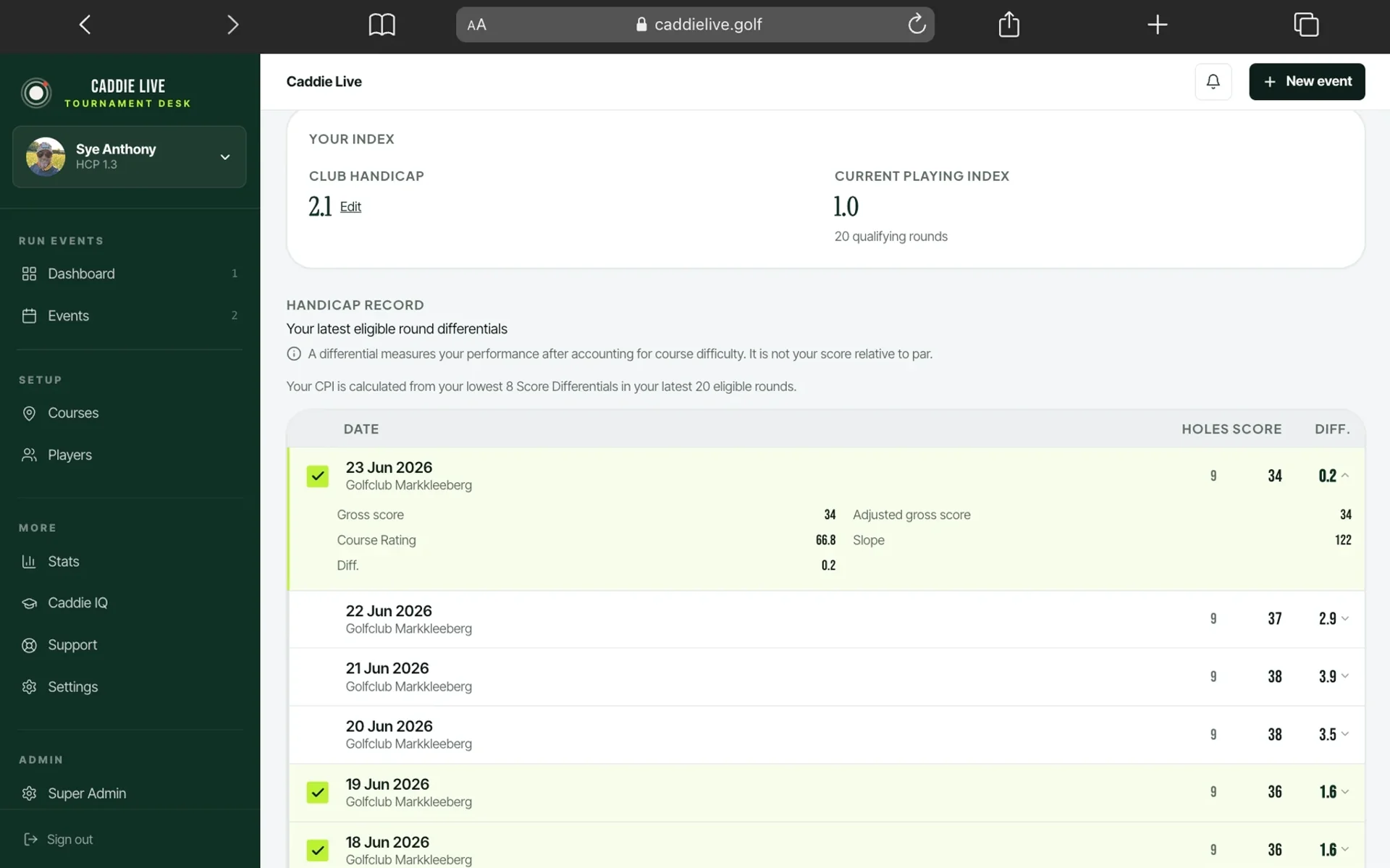 Caddie Live handicap record showing course rating, slope and score differentials