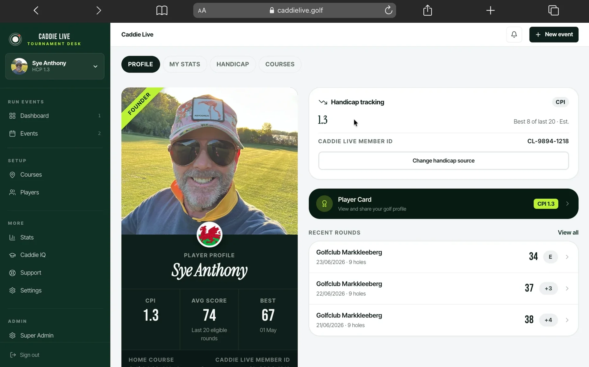 Caddie Live player profile with handicap, recent rounds and player card