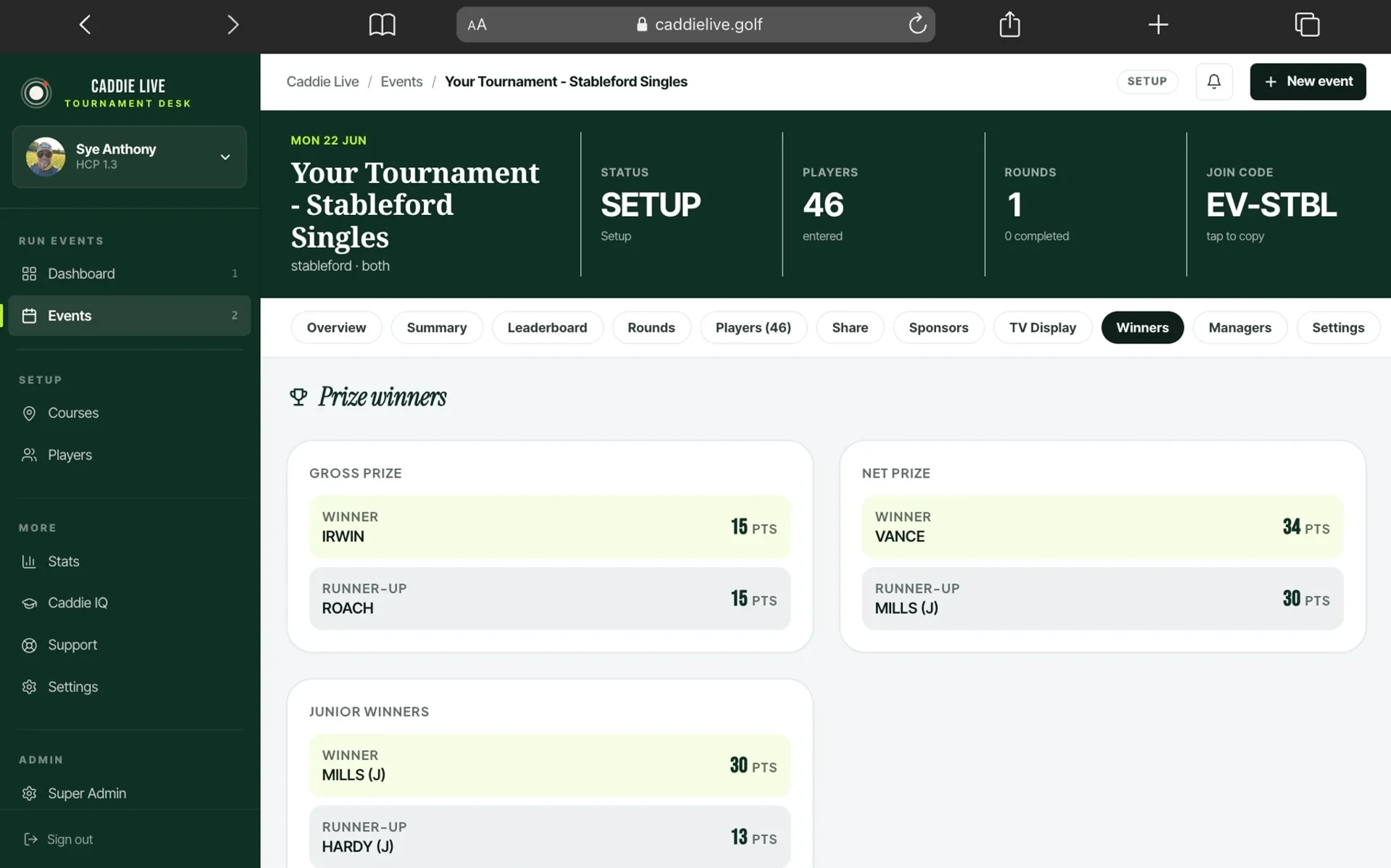 Gross, net and junior prize winners for a Caddie Live golf event