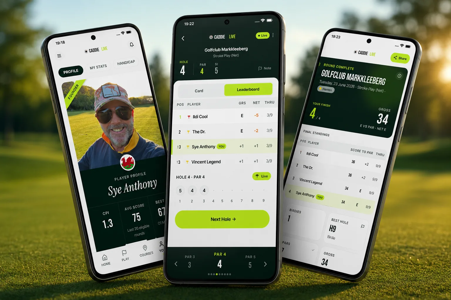 Caddie Live running on three Android phones on a golf course — player card, live leaderboard and final scorecard