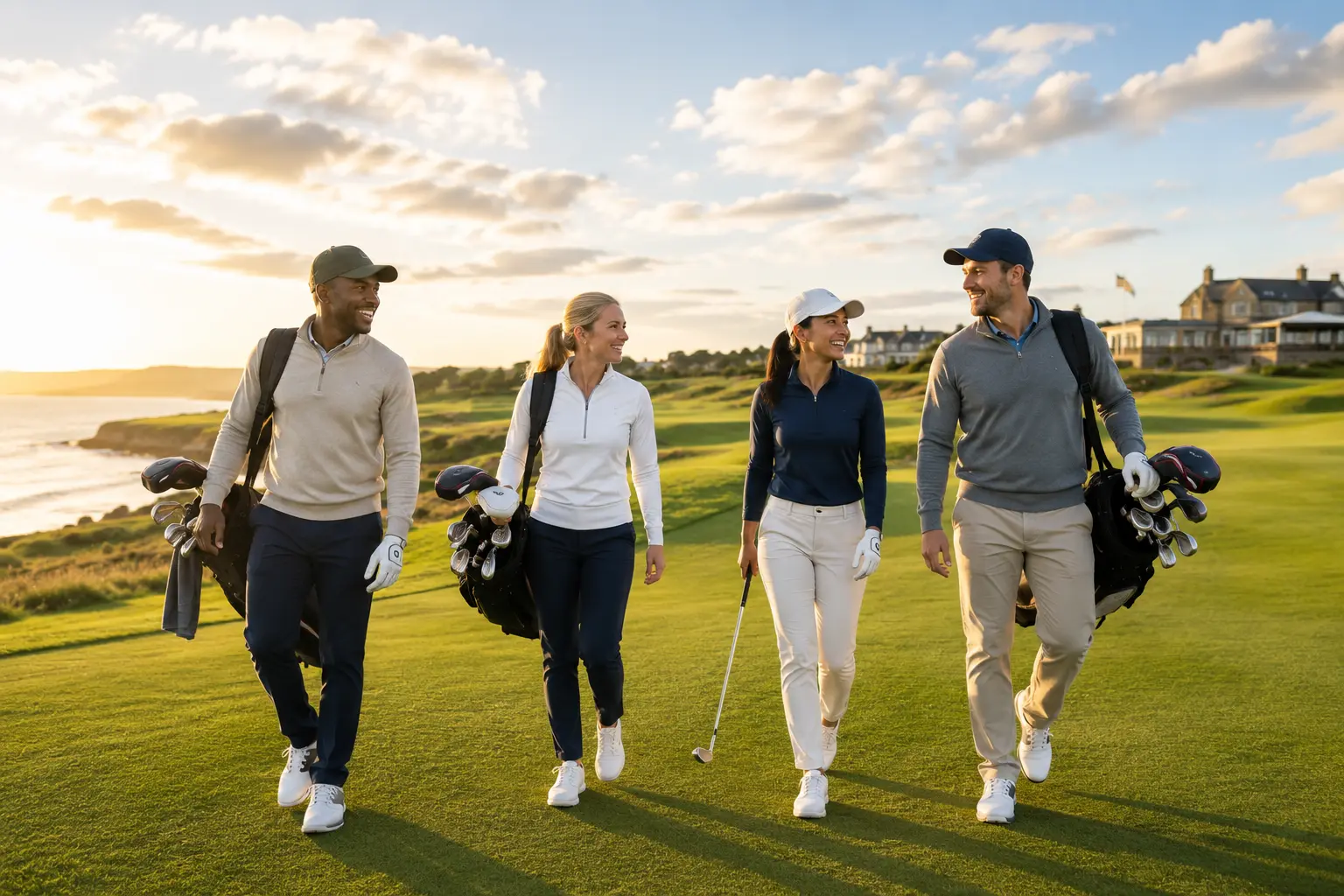 Four golfers walking a coastal course at golden hour, carrying their bags towards the clubhouse