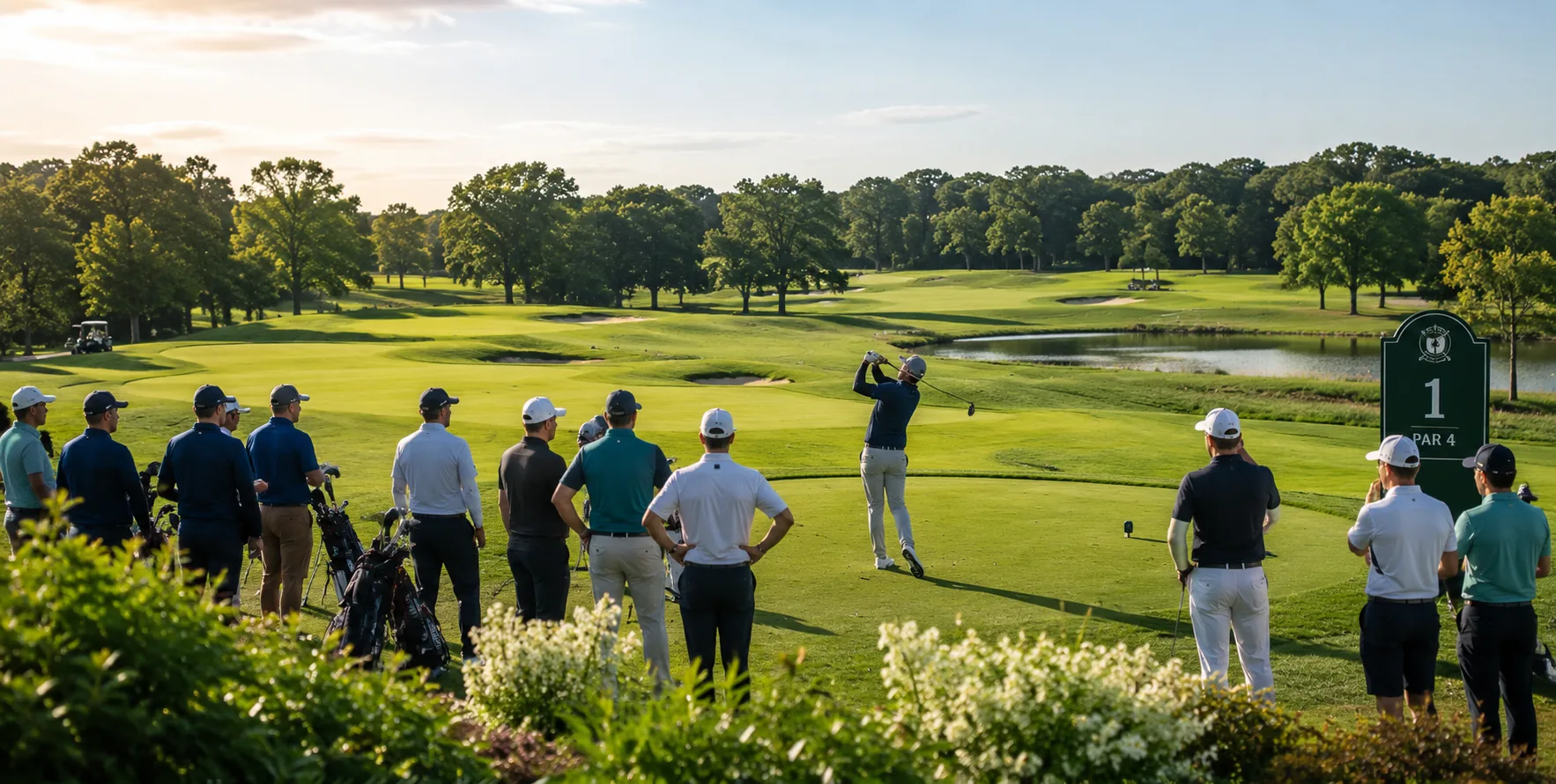 A golf society group on the first tee at the start of an event