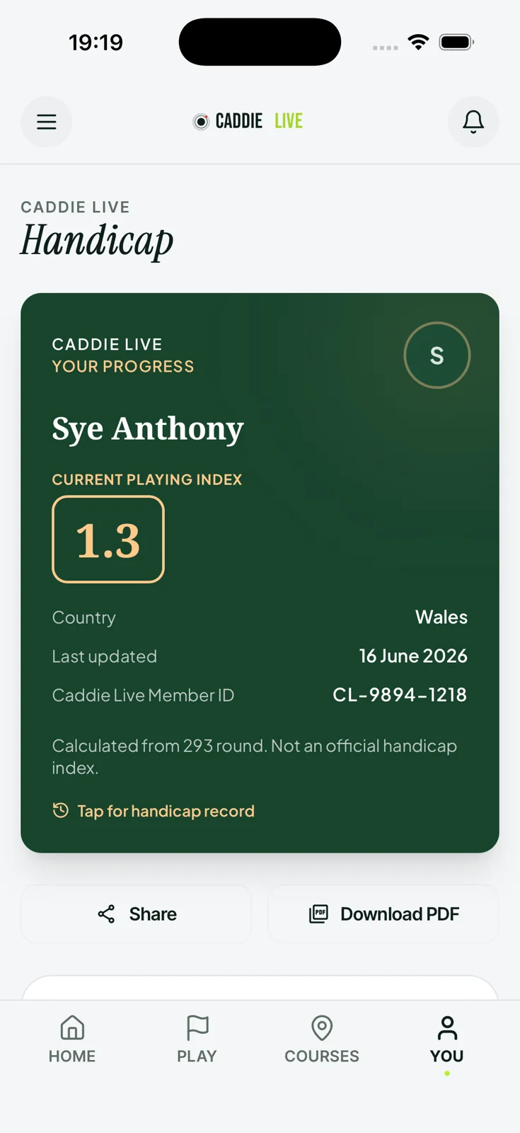 Shareable digital golf handicap card on a phone, showing a Current Playing Index