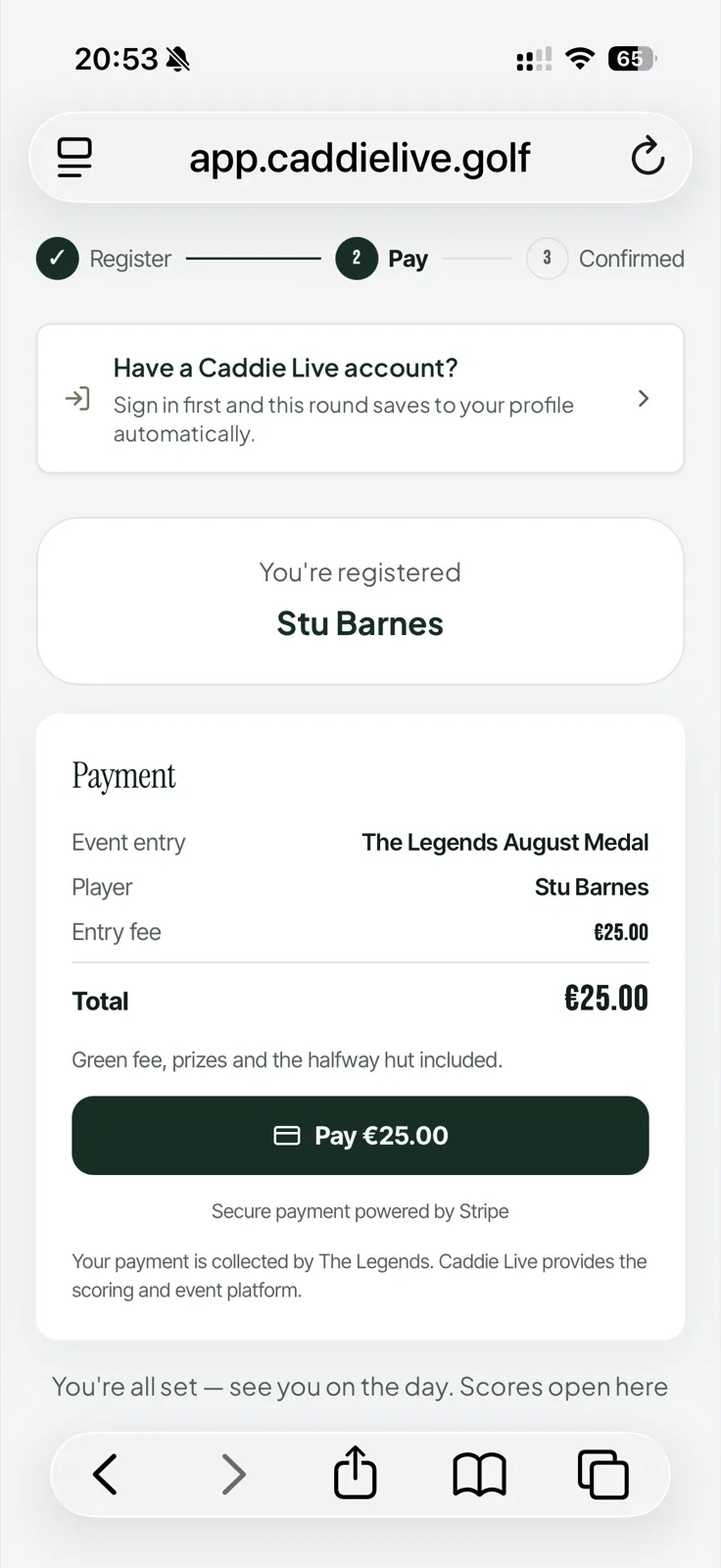 Entry-fee payment screen on a phone during society event registration