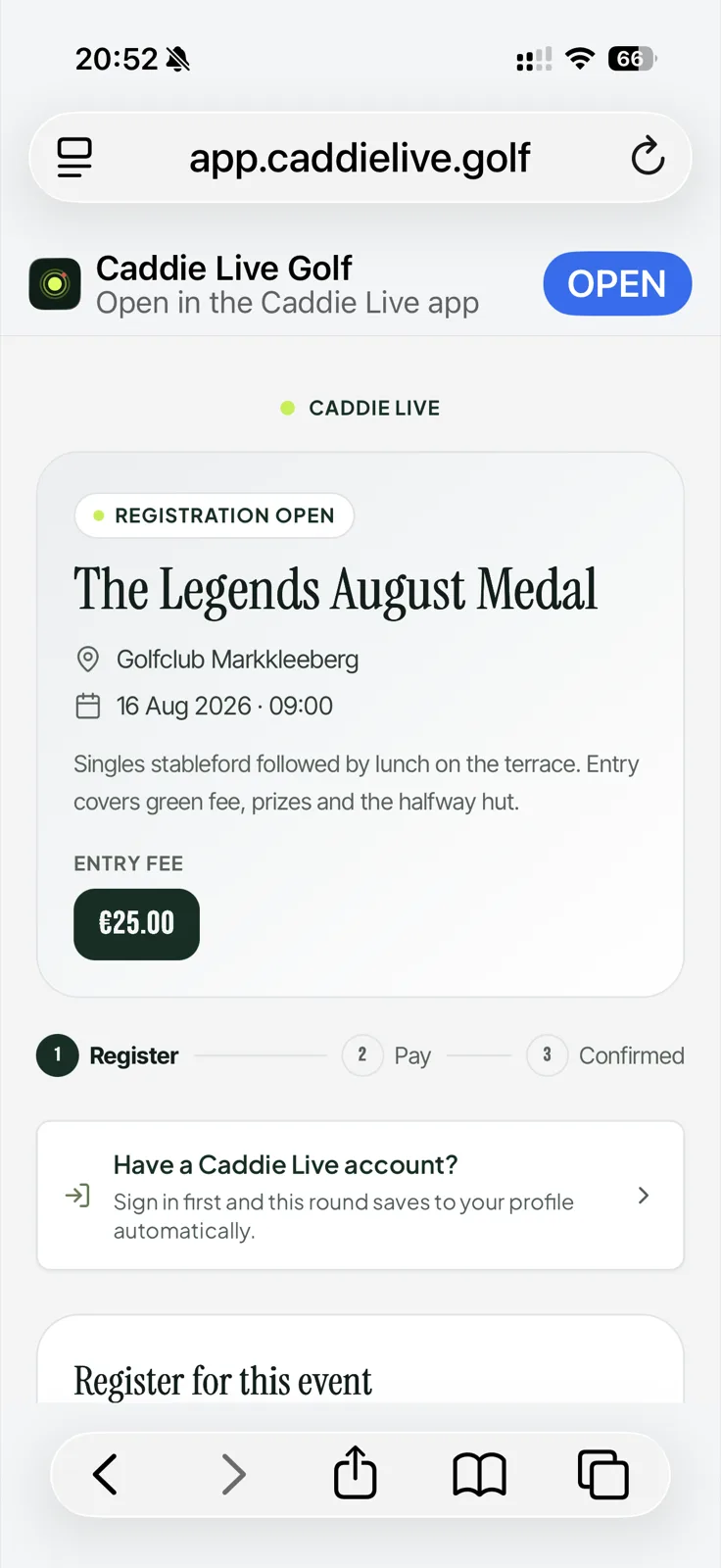 A society event registration form on a phone, filled in by a player joining from a shared link