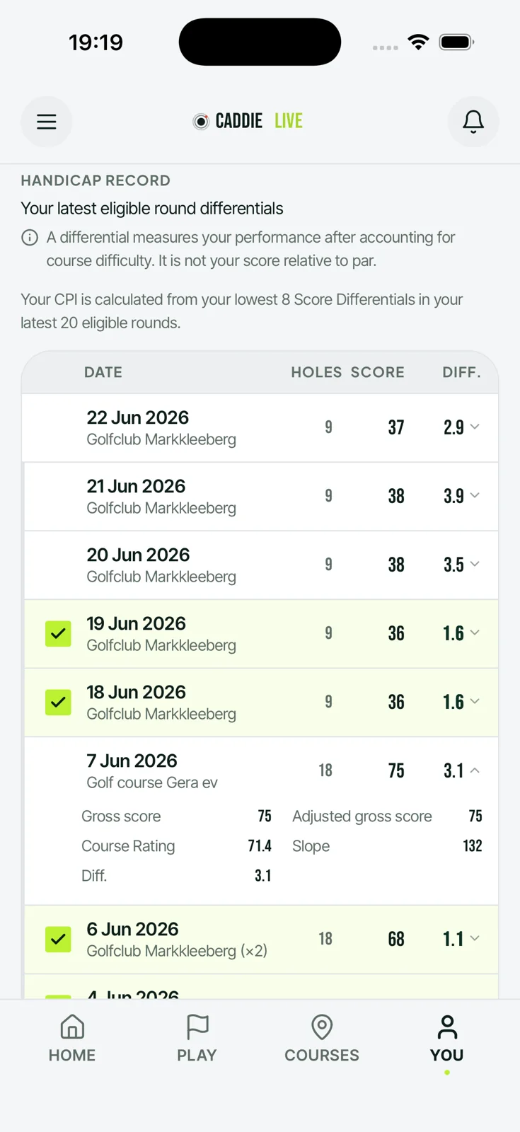 Score differential detail with course rating and slope on iPhone