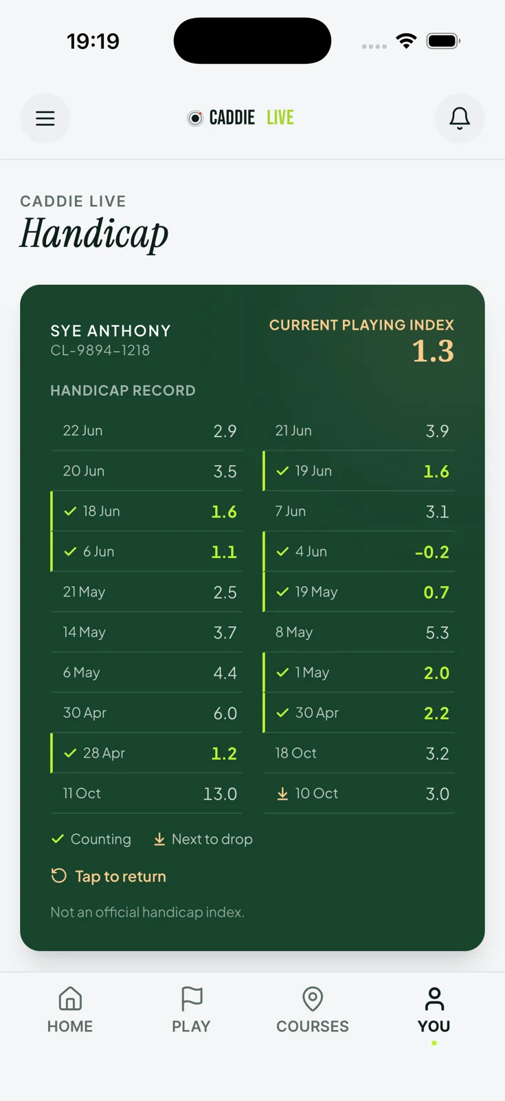 Golf handicap record with counting rounds on iPhone