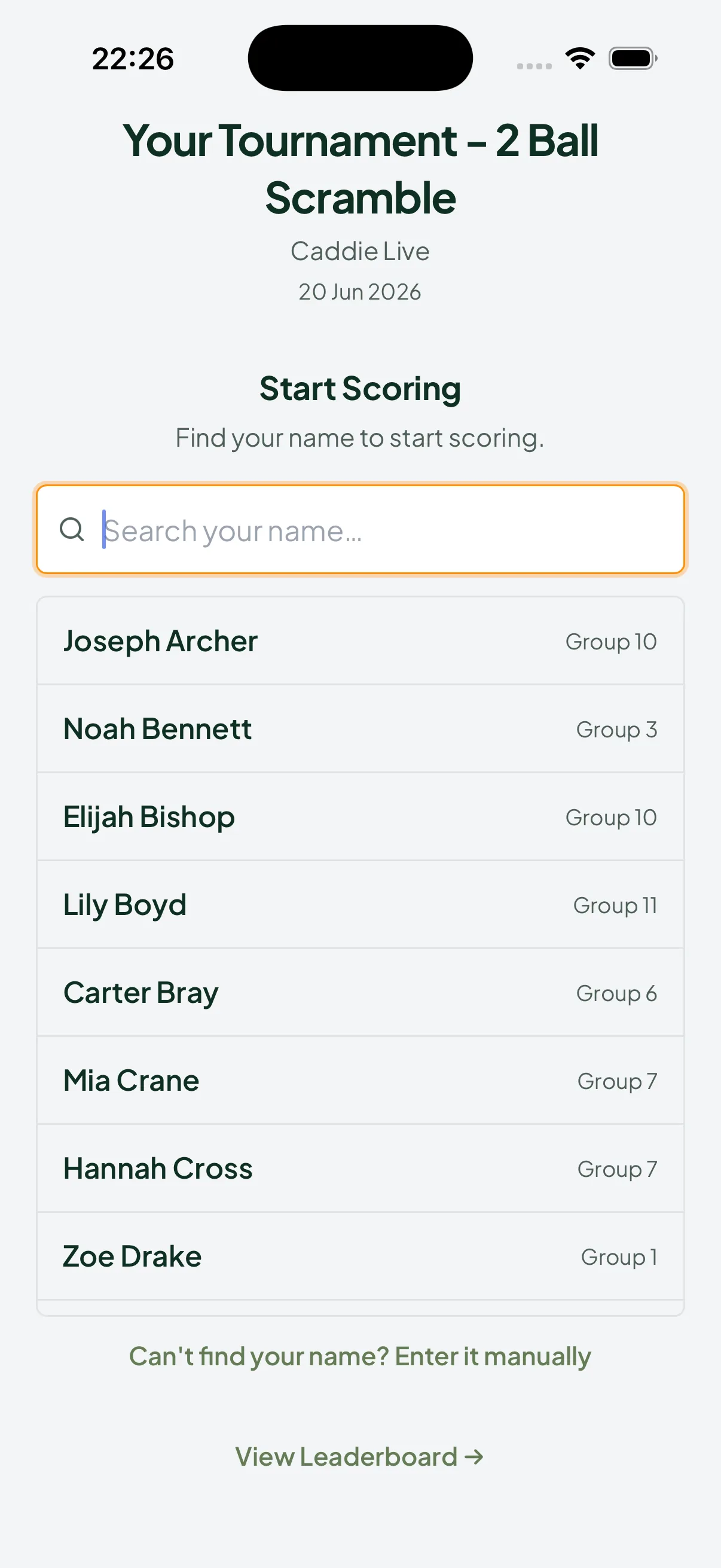 Player finding their name to start scoring a Caddie Live event on iPhone