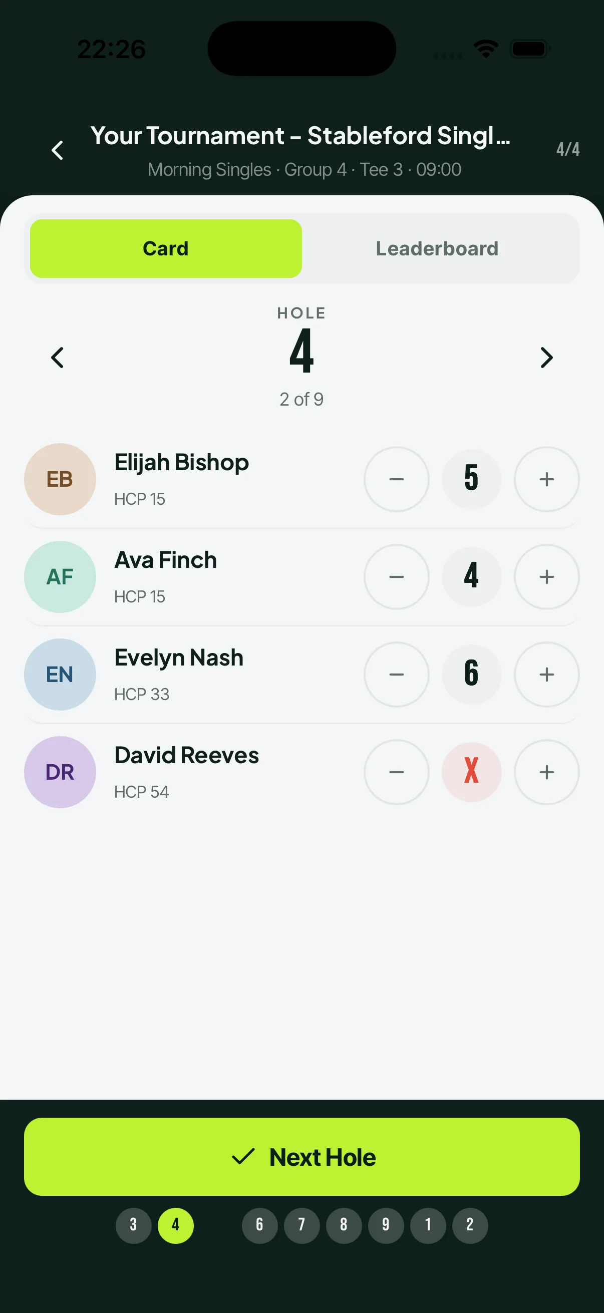 Entering hole-by-hole scores for the group on iPhone