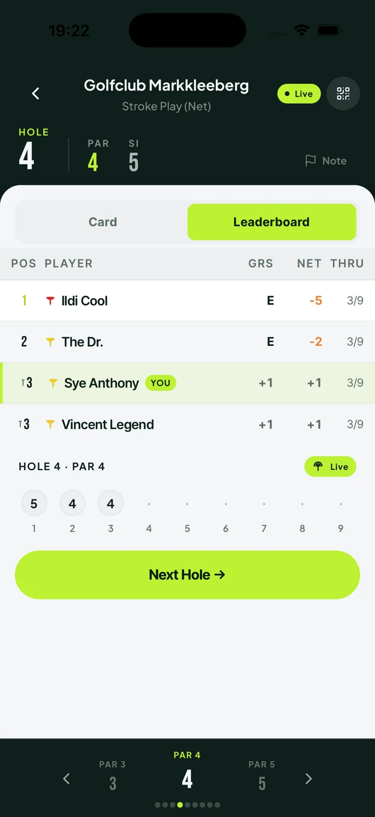 Live hole-by-hole society scoring and leaderboard on a phone