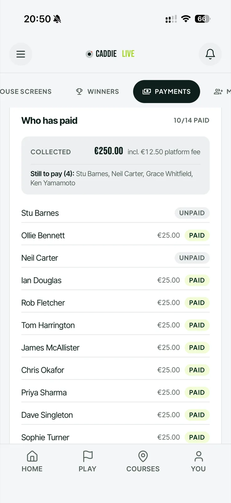 Who-has-paid roster on a phone with paid and unpaid badges and the collected total